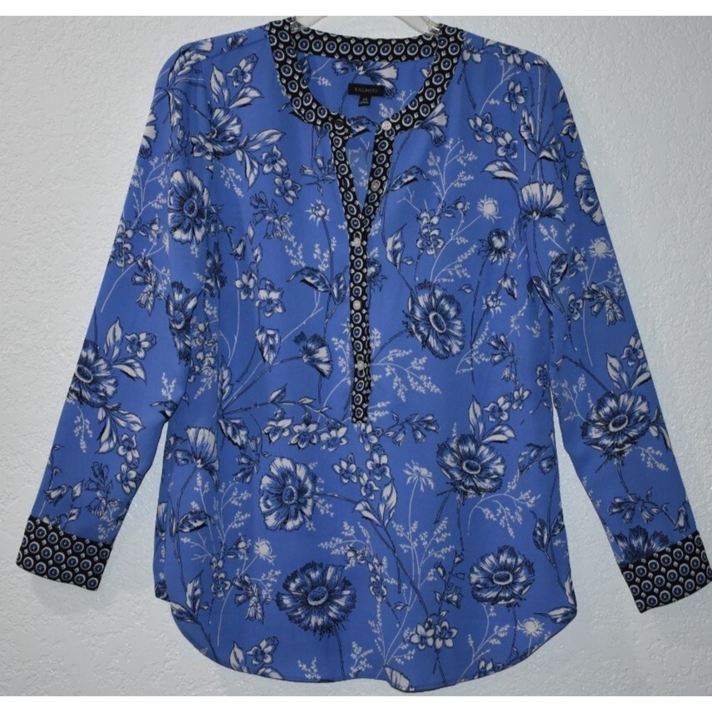 Talbots XS Top Blue Floral Long Slv Contrast trim 5 button Front Artsy Popover